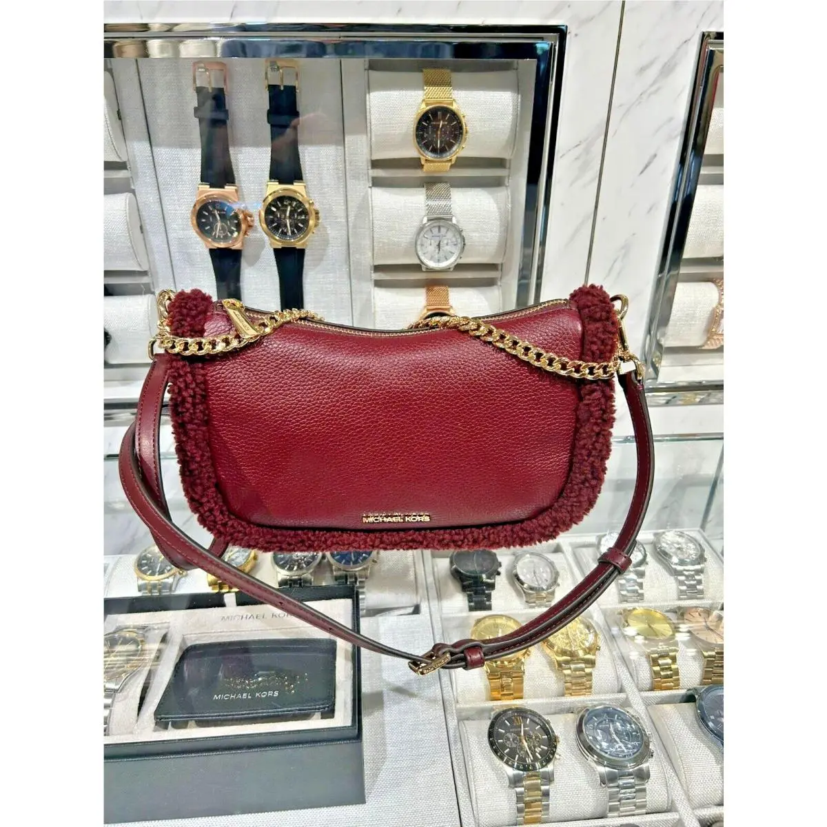 Carmela Medium Shearling Leather Pouchette Crossbody Bag Handbag OXBLOOD by Michael Kors