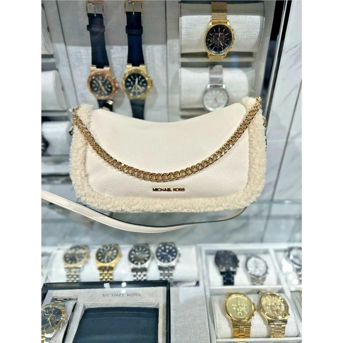 Carmela Medium Shearling Leather Pouchette Crossbody Bag Handbag NATURAL MULTI by Michael Kors