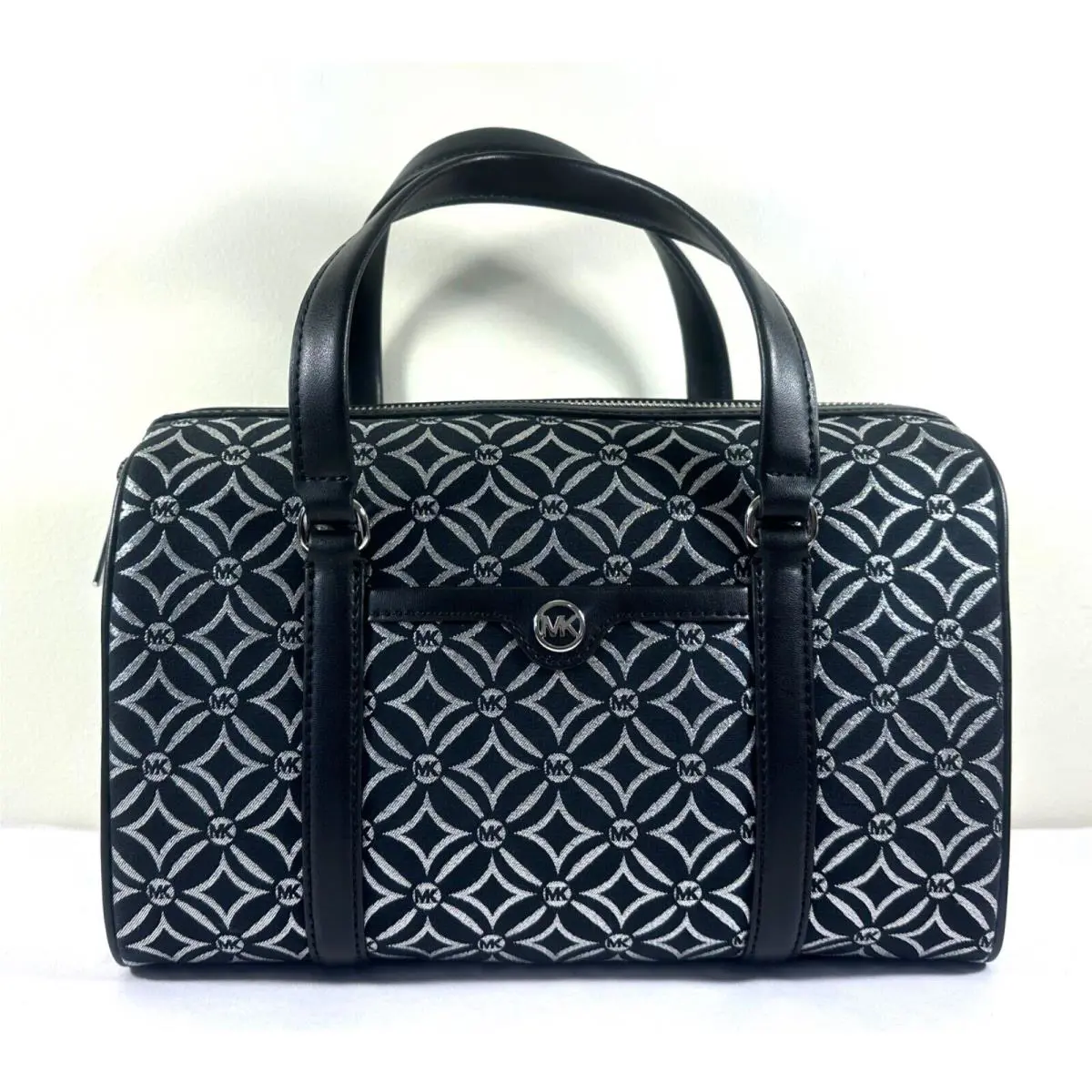 Jet Set Travel Black Silver MK Signature Medium Duffle Satchel Bag by Michael Kors