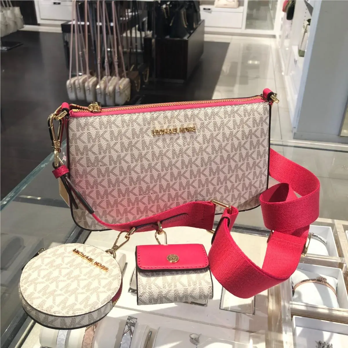 Small Pvc or Leather Shoulder Crossbody Bag Handbag Purse Messenger CARMINE PINK MULTI by Michael Kors