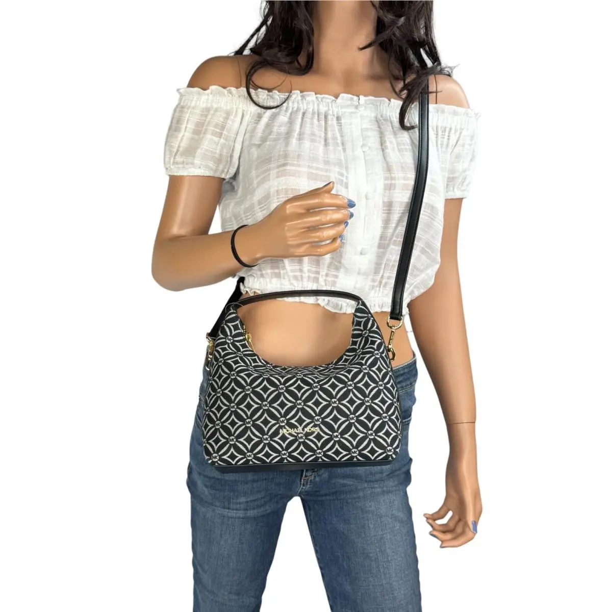 Ember Small Shoulder Crossbody Messenger Bag Black Multi (Jacquard/Leather) by Michael Kors