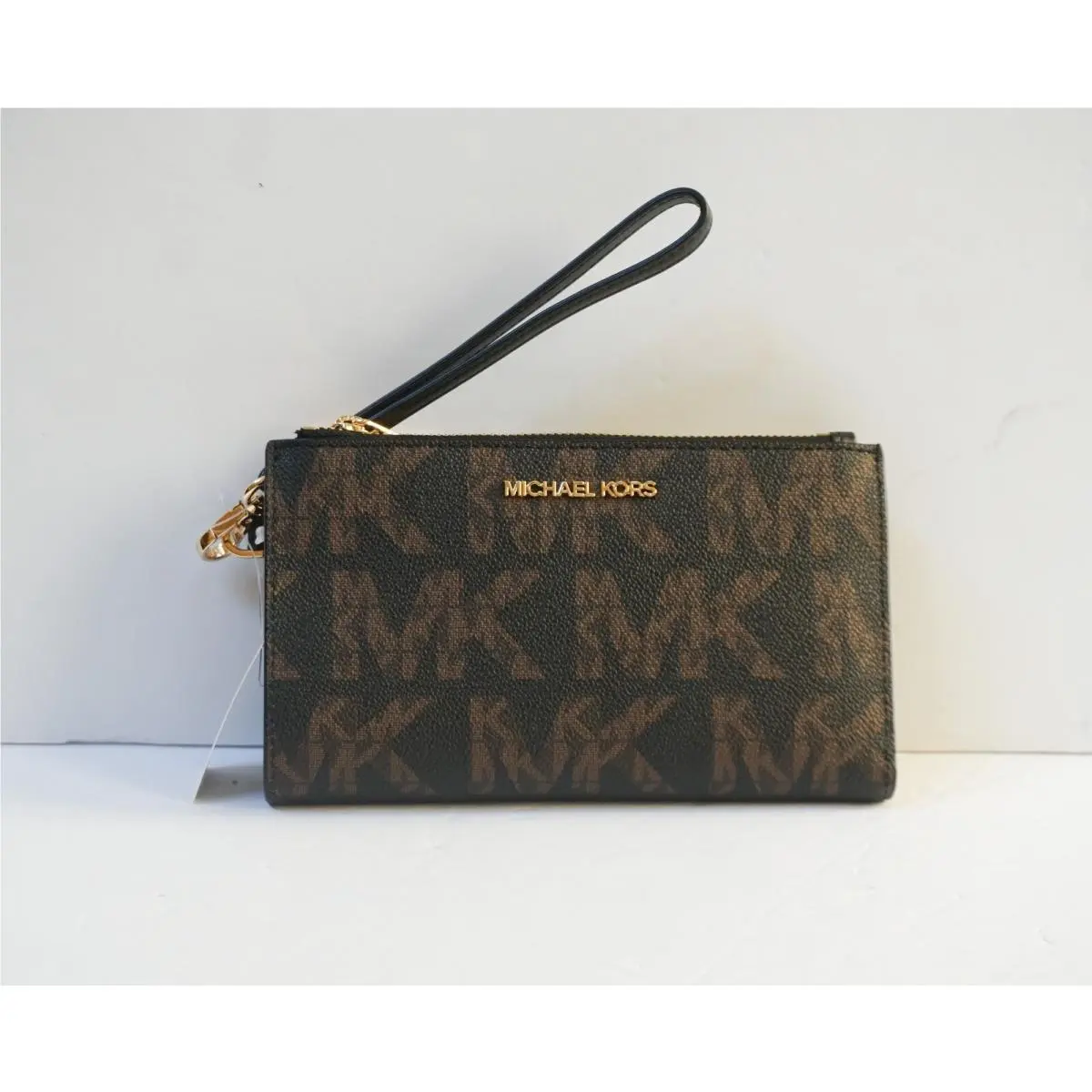 Jet Set Travel Large Double Zip Phone Wristlet Wallet GRAPHIC LOGO MK BROWN BLACK by Michael Kors