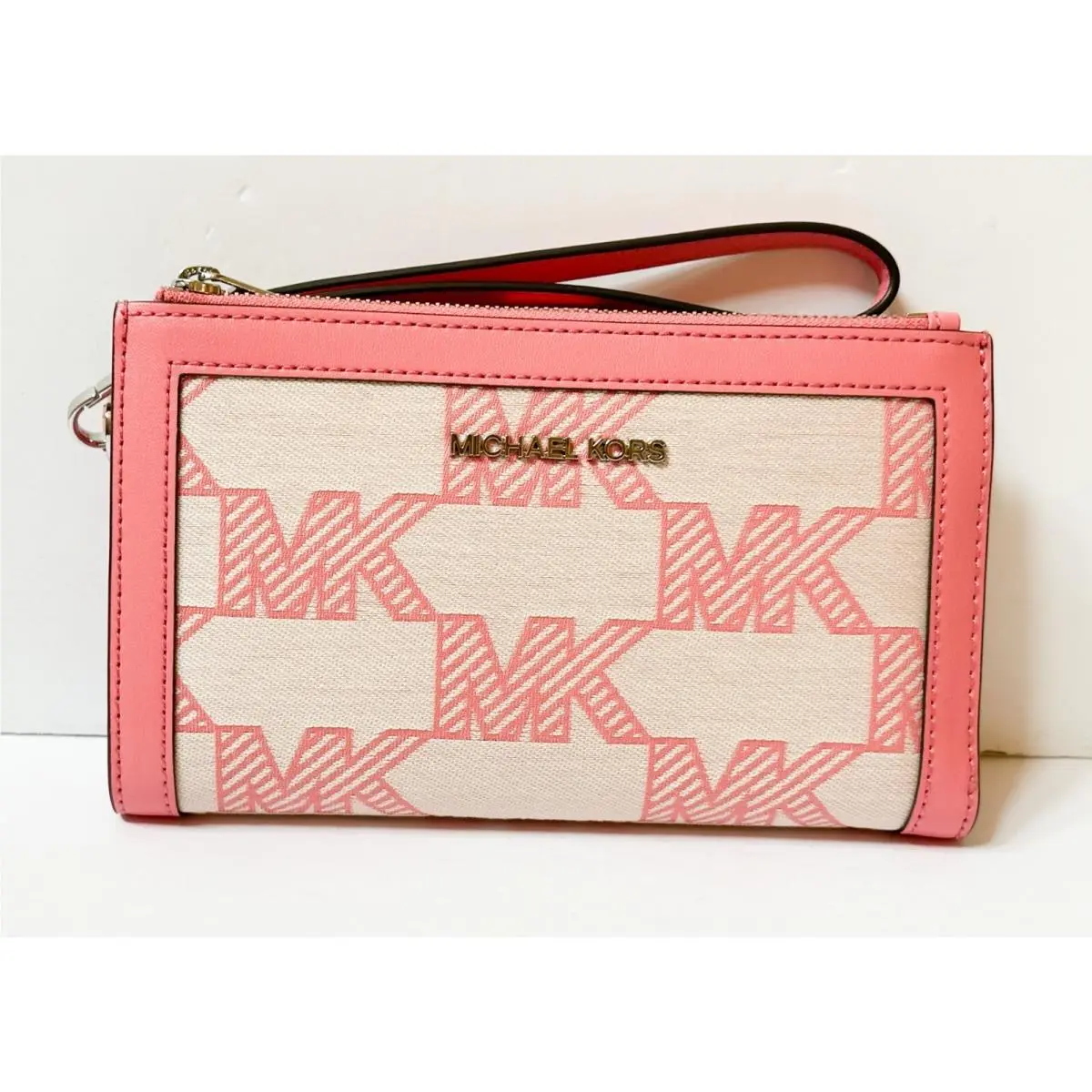 Jet Set Travel Large Double Zip Phone Wristlet Wallet GRAPHIC LOGO MK TEA ROSE by Michael Kors