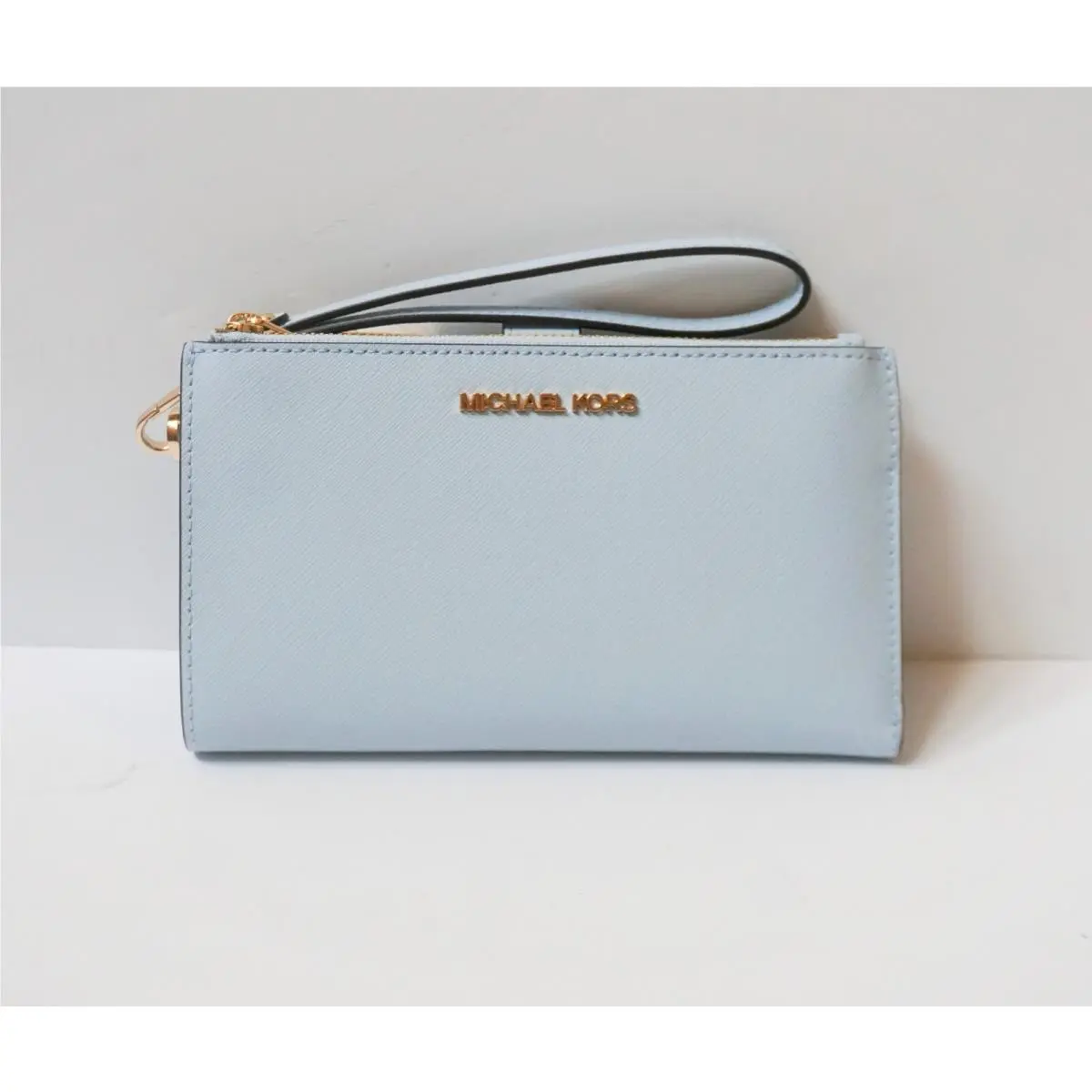 Jet Set Travel Large Double Zip Phone Wristlet Wallet Pale Ocean/Gold HW by Michael Kors