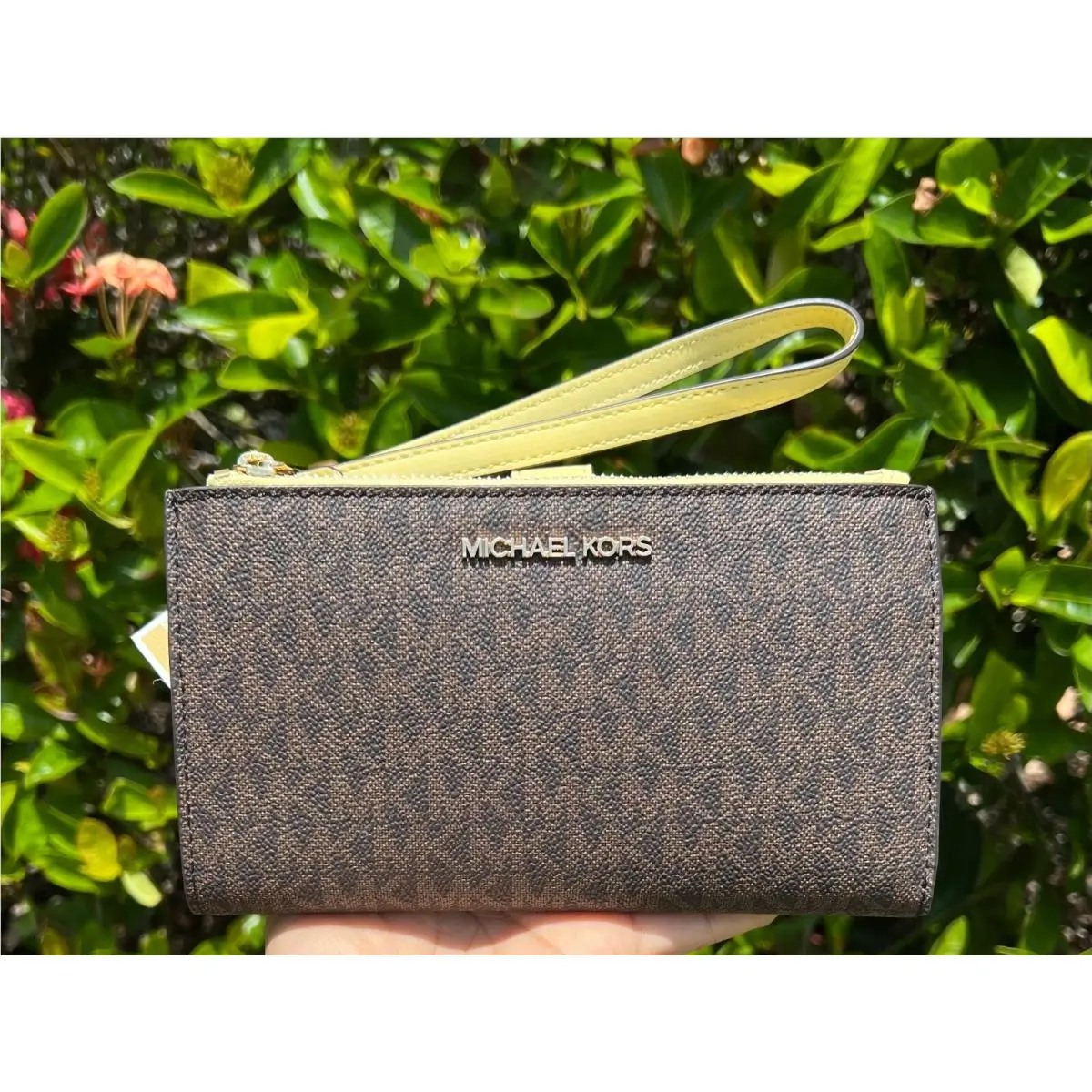 Jet Set Travel Large Double Zip Phone Wristlet Wallet MK BROWN BUTTERCUP YELLOW by Michael Kors