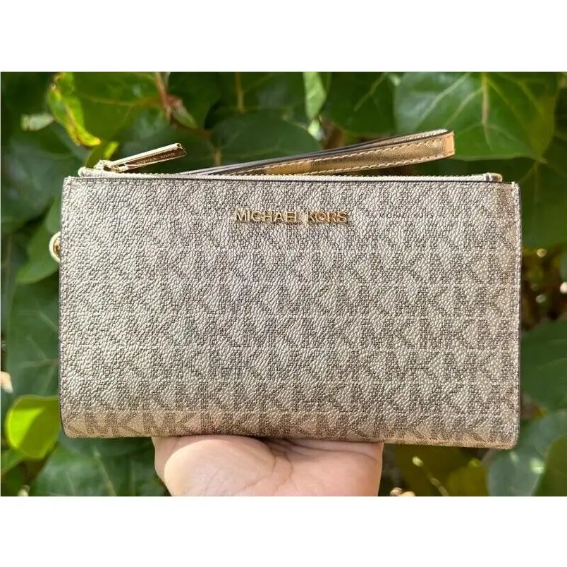 Jet Set Travel Large Double Zip Phone Wristlet Wallet MK PALE GOLD by Michael Kors