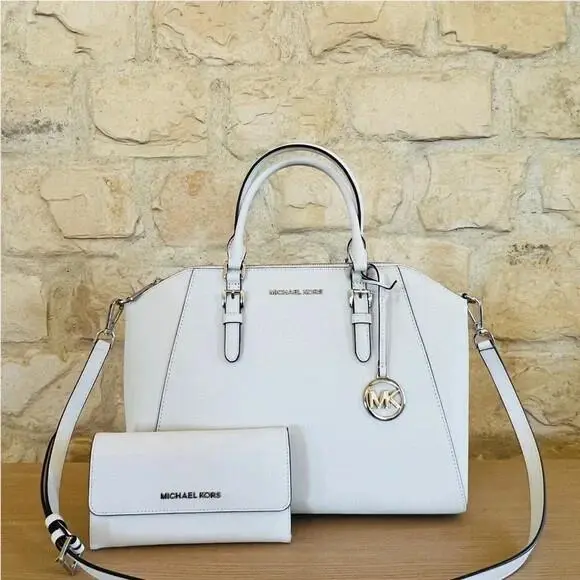 Large Ciara Leather Satchel Handbag Wallet White Silver handbag+wallet by Michael Kors