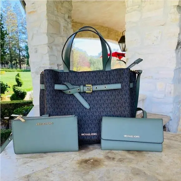 Emilia Large Satchel Crossbody MK Signature/wallet Optio Army Green handbag+Wallet+double zip wallet by Michael Kors