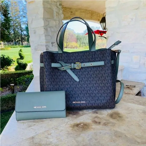 Emilia Large Satchel Crossbody MK Signature/wallet Optio Army Green handbag+wallet by Michael Kors