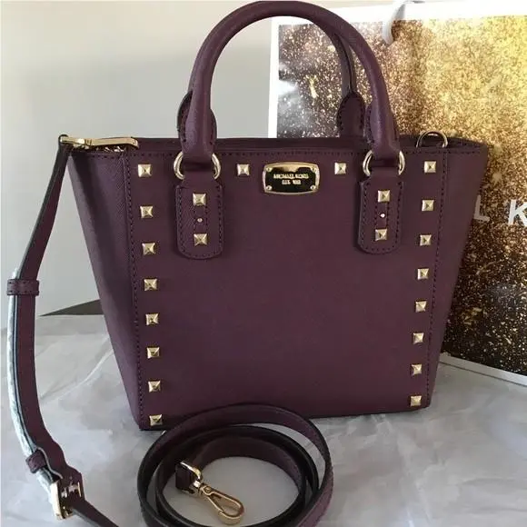 35S7GD1C1L  Sandrine Pyramid Stud Mini Tote Crossbody Plum by Michael Kors