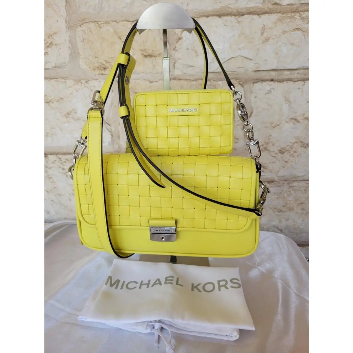 Bradshaw Woven Leather X-body/handbag or Set Rare Bright Limelight Bag+Wallet SET Matching Woven Leather New, Unique by Michael Kors
