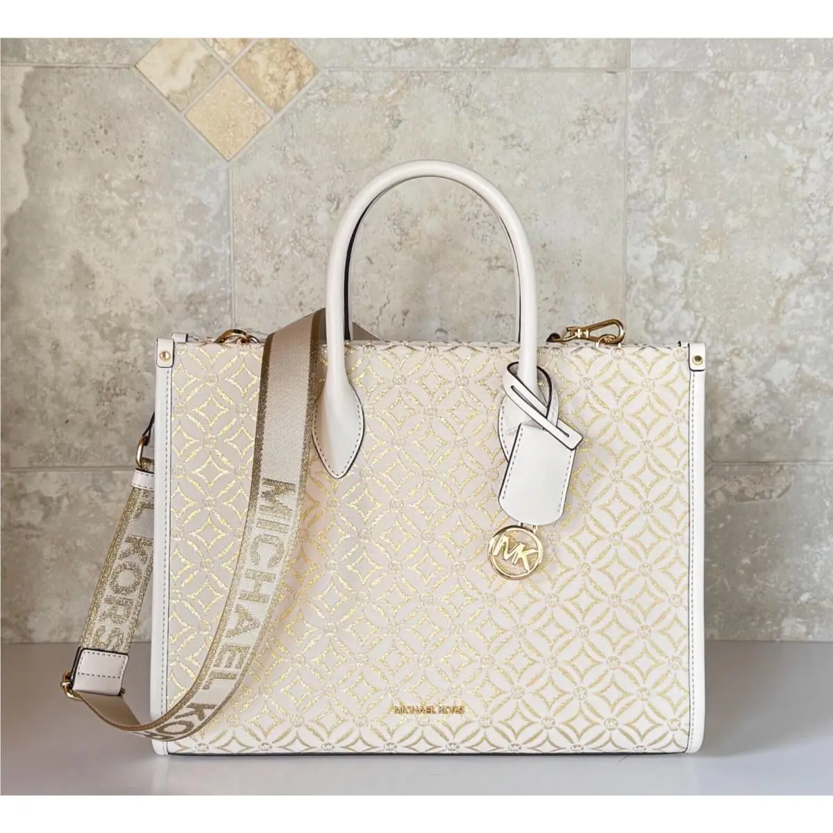 Mirella Medium East West Tote Satchel Shoulder Crossbody Bag MK GRAPHIC LOGO GOLD/LIGHT CREAM by Michael Kors