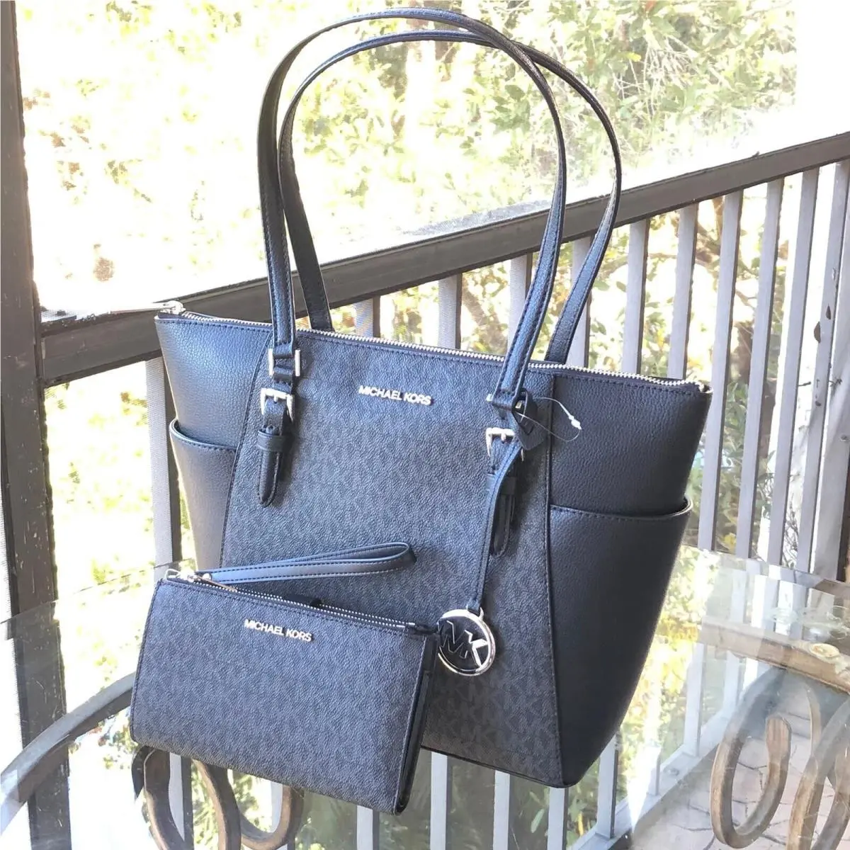 Women Lady Charlotte Tote Shoulder Handbag Bag + Double Zip Wallet MK BLACK by Michael Kors