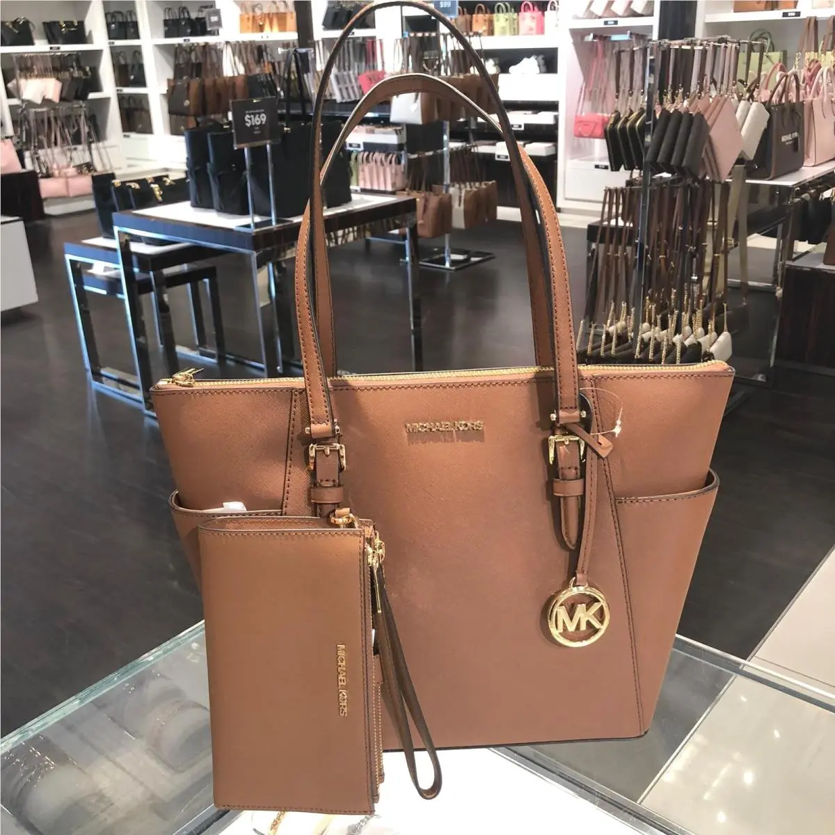 Women Lady Charlotte Tote Shoulder Handbag Bag + Double Zip Wallet LUGGAGE by Michael Kors