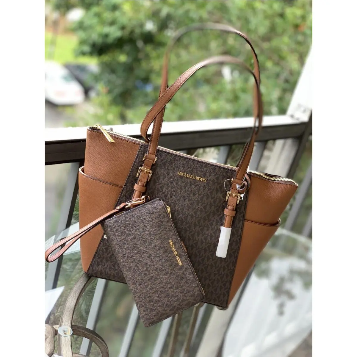Women Lady Charlotte Tote Shoulder Handbag Bag + Double Zip Wallet MK BROWN by Michael Kors