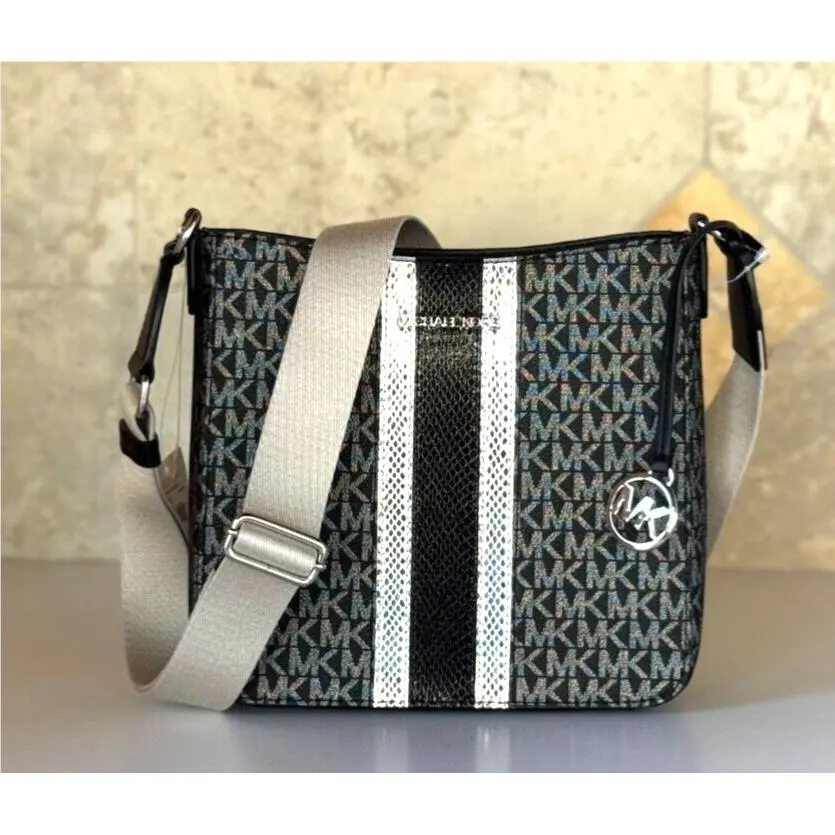 Jet Set Travel Small Messenger Shoulder Crossbody Bag MK Center Stripe Black Multi by Michael Kors
