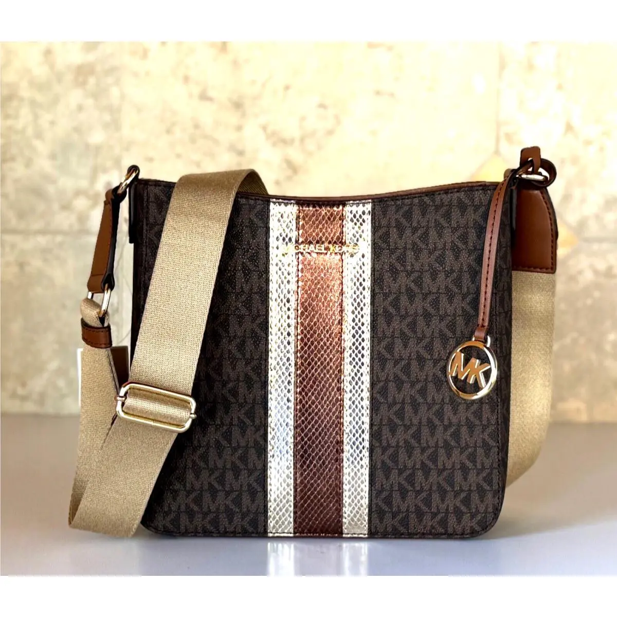 Jet Set Travel Small Messenger Shoulder Crossbody Bag MK Center Stripe Brown by Michael Kors