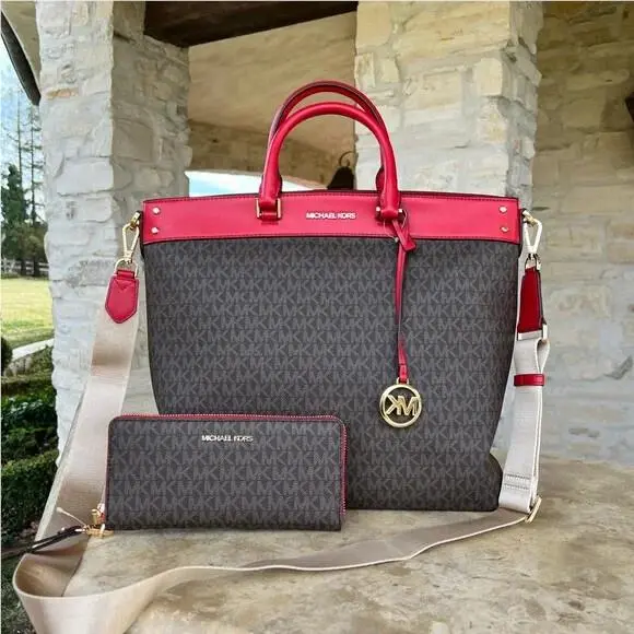 Kenly Travel Large Brown/flame MK Signature Tote Wallet Options Tote+Large continental wallet by Michael Kors