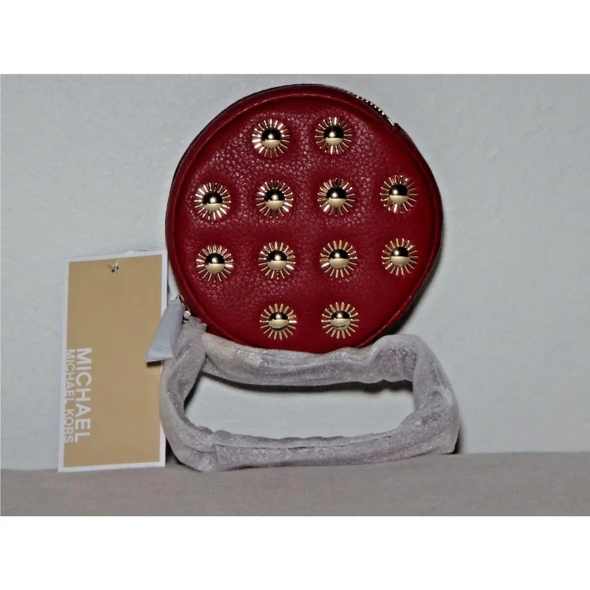 Michael Kors Jet Set Travel Studded Leather Coin Purse Cherry/black