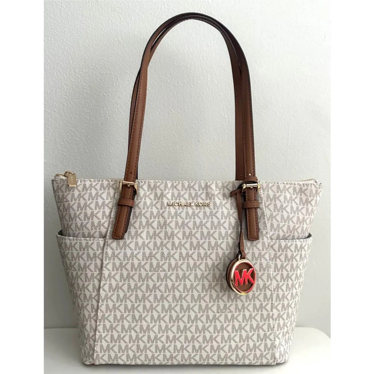 Jet Set East West Medium Top Zip MK Signature Logo Leather Tote Vanilla mk/gold by Michael Kors