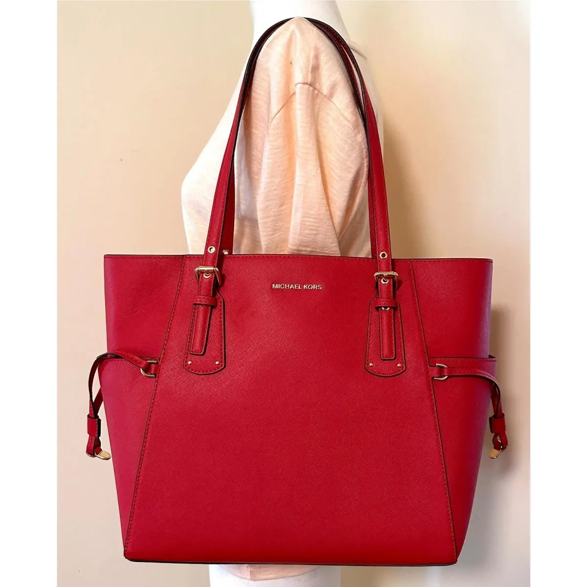 Voyager Medium Saffiano Leather EW Retail Tote Shoulder Bag Flame Red/Gold by Michael Kors