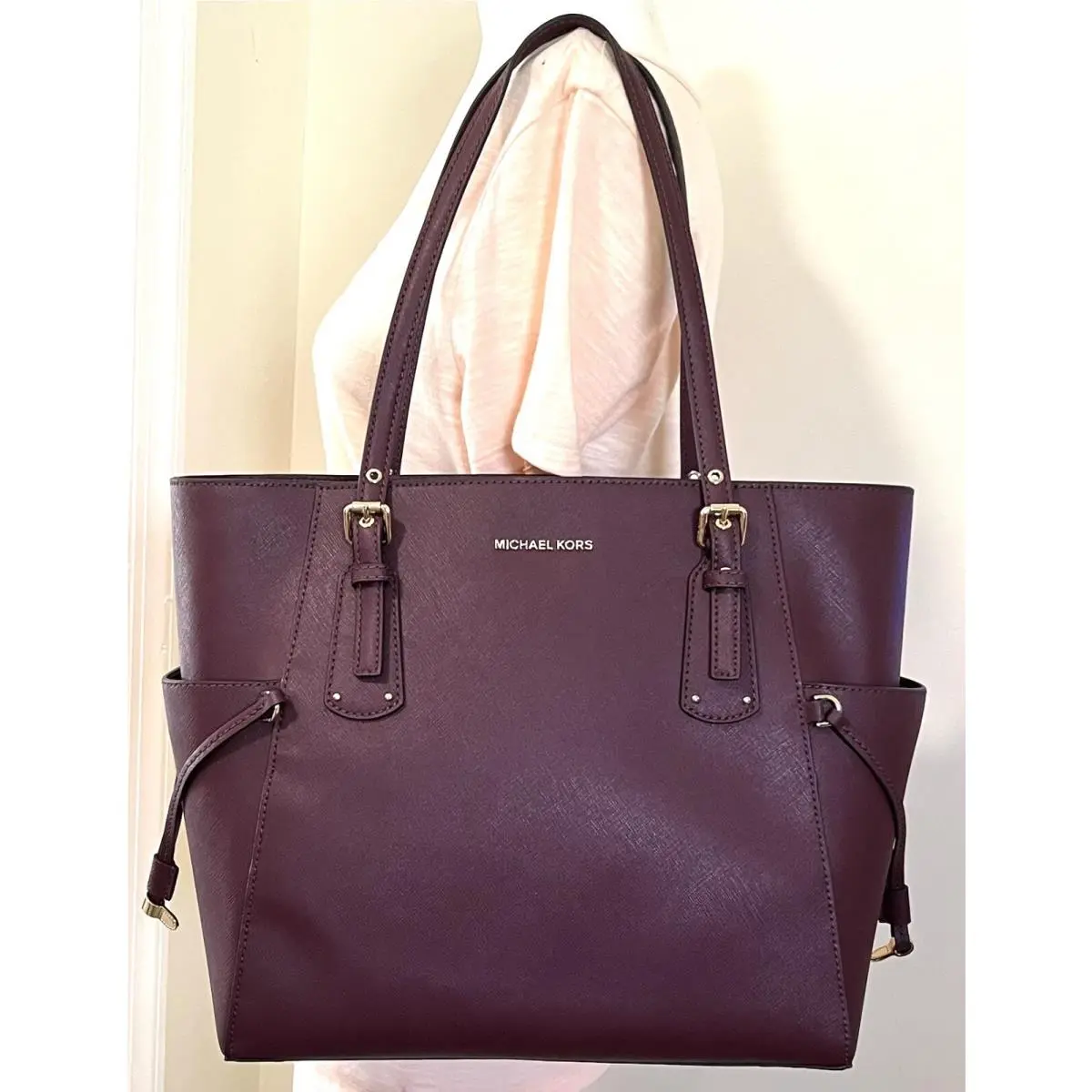 Voyager Medium Saffiano Leather EW Retail Tote Shoulder Bag Merlot/Gold by Michael Kors