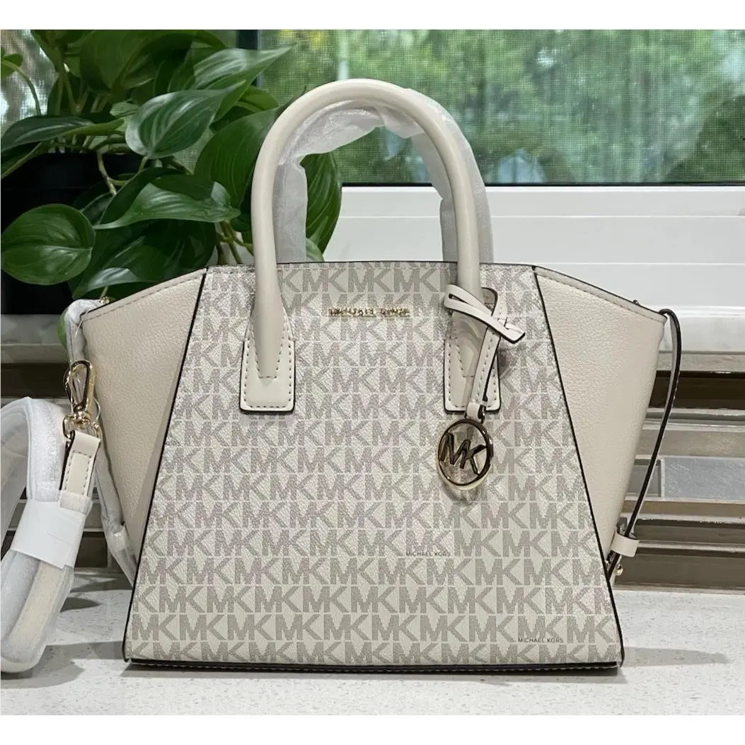 Michael Kors Avril Small Zip Crossbody Satchel Shoulder Bag Purse MK Cream Logo