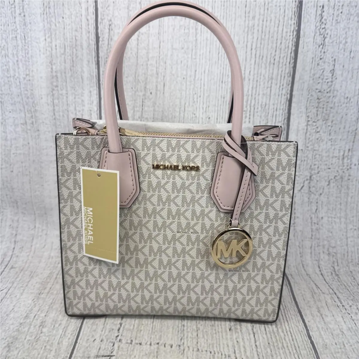 Michael Kors Mercer Medium Crossbody Messenger Bag MK Vanilla Logo Pink Blush