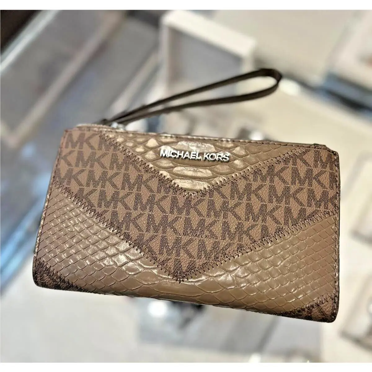 Michael Kors Large Double Zip Wristlet Credit Card MK Logo Wallet in Dusk Multi