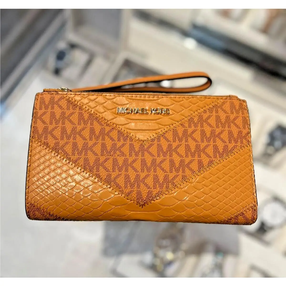 Michael Kors Large Yellow Double Zip MK Logo Wallet Wristlet Phone Holder Clutch