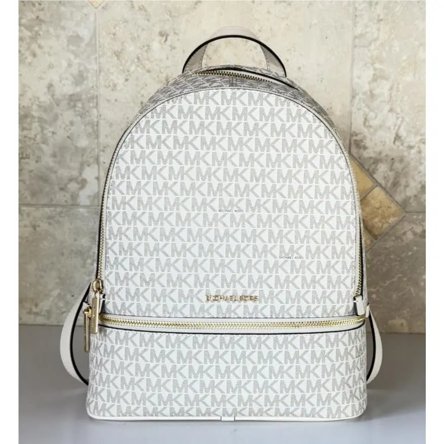 Rhea Medium Zip Backpack MK Light Cream Multi by Michael Kors