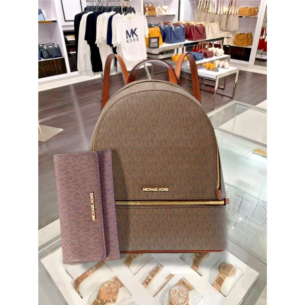 Michael Kors Rhea Women Medium MK Logo Backpack +trifold Card Wallet Set Brown