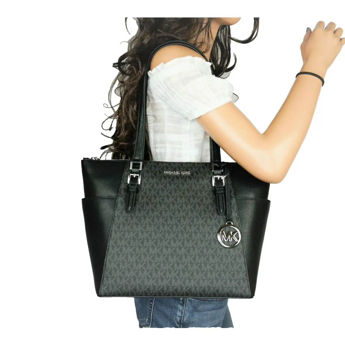 Michael Kors Charlotte Large Top Zip Shoulder Tote Bag MK Black
