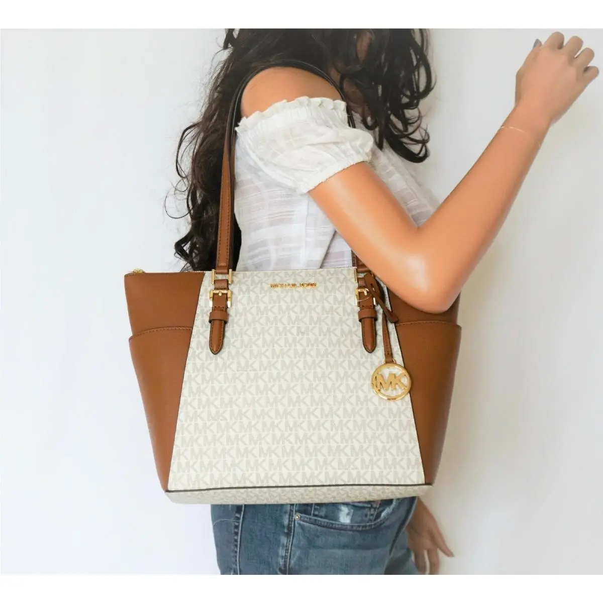 Charlotte Large Top Zip Pvc Pebbled Leather Tote Bag MK Vanilla by Michael Kors
