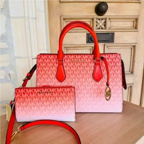 Michael Kors Sheila Medium CZ Satchel Bag Handbag Logo Charm + Double Zip Wallet