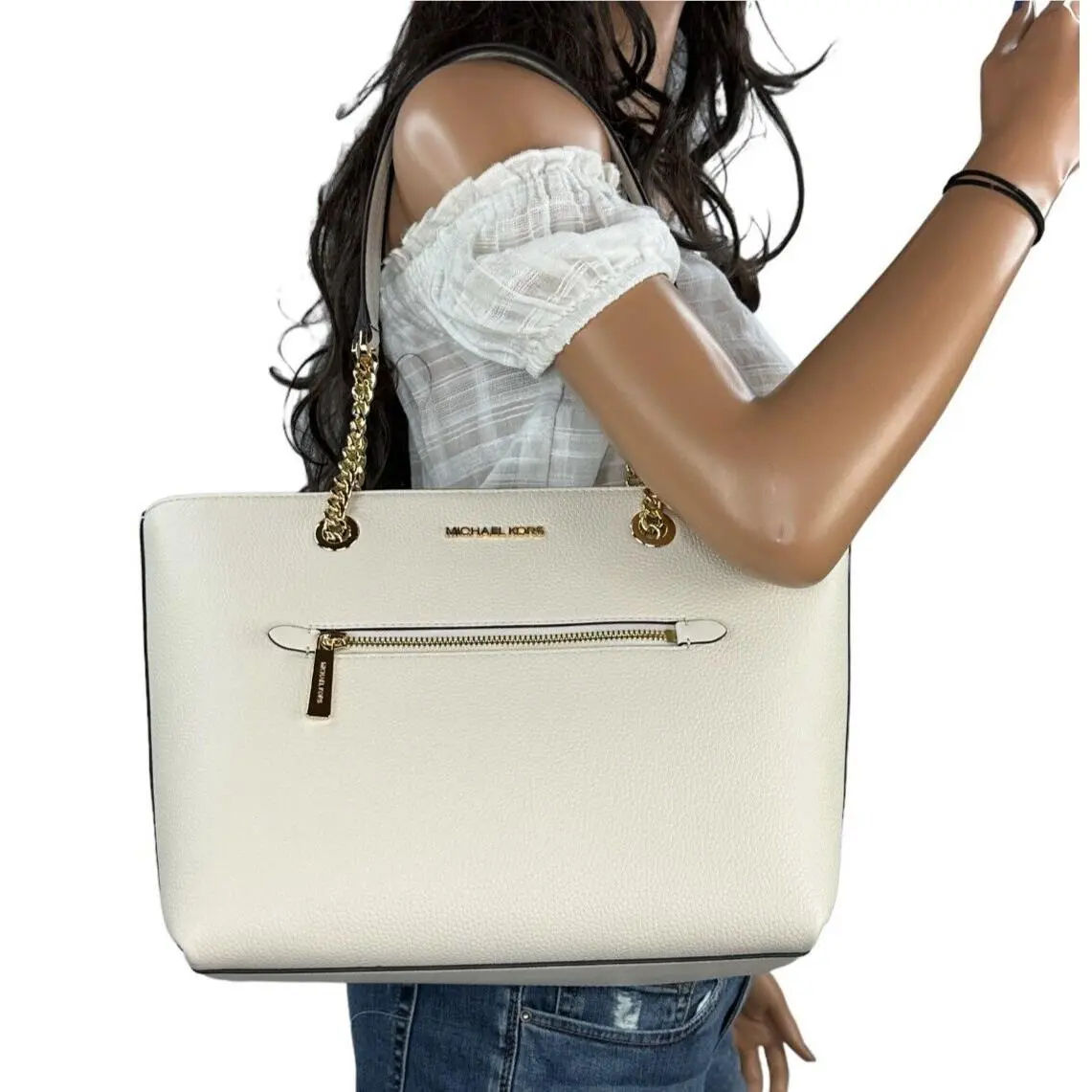 Michael Kors Jet Set Item MD Front Pocket Chain Shoulder Tote Bag Light Cream