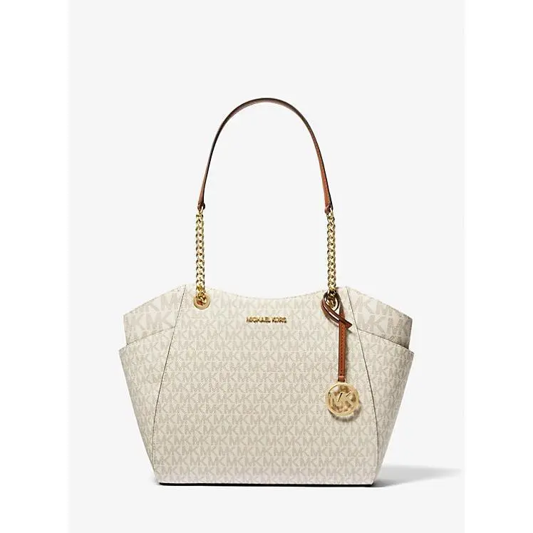 Michael Kors Women`s Jet Set Large Logo Tote Bag Zip Shoulder Bag Pvc Vanilla