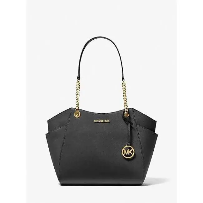 Michael Kors Women`s Jet Set Large Logo Tote Bag Zip Shoulder Bag Leather Black