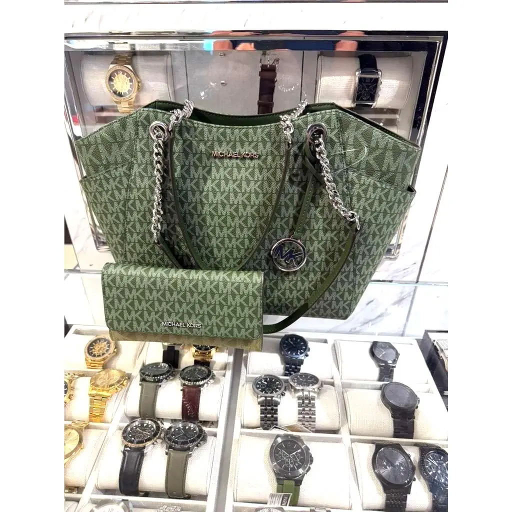 Michael Kors Jet Set Travel Large Chain Tote Bag + Trifold Wallet Green