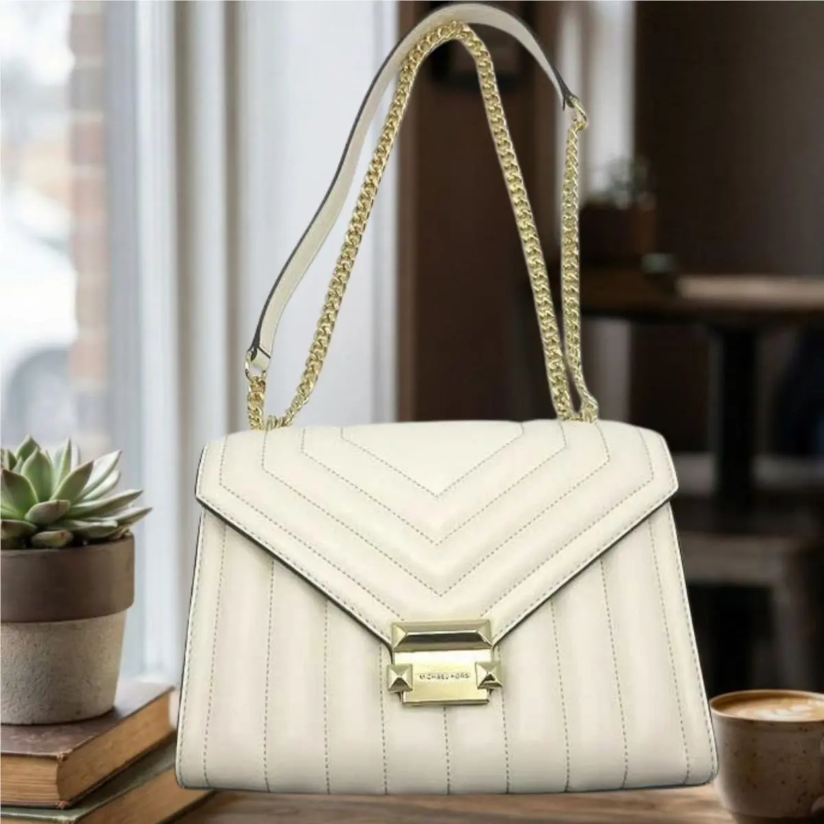 Michael Kors Whitney Women Medium PU Blend Quilted Shoulder Bag Optic White