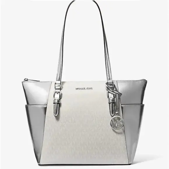 Michael Kors Charlotte Large Leather Top Zip Tote Bag Tote Logo Metallic Silver