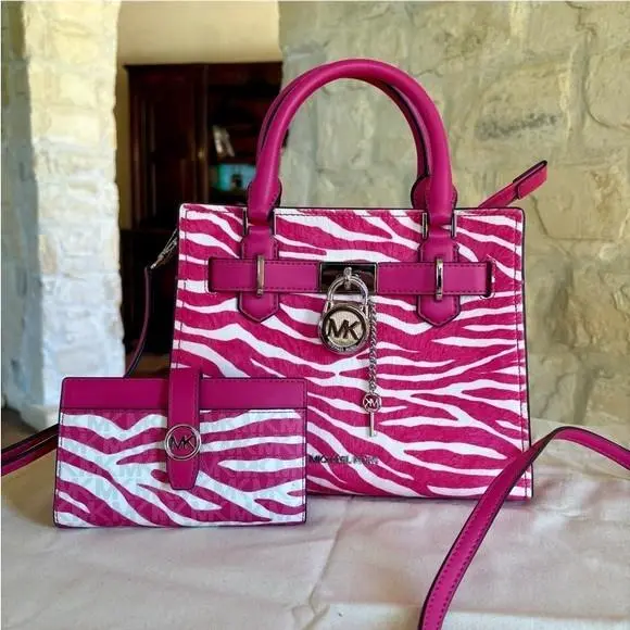 Michael Kors Hamilton Small Satchel Leather Bag + Bifold CZ Wallet Dragon Fruit