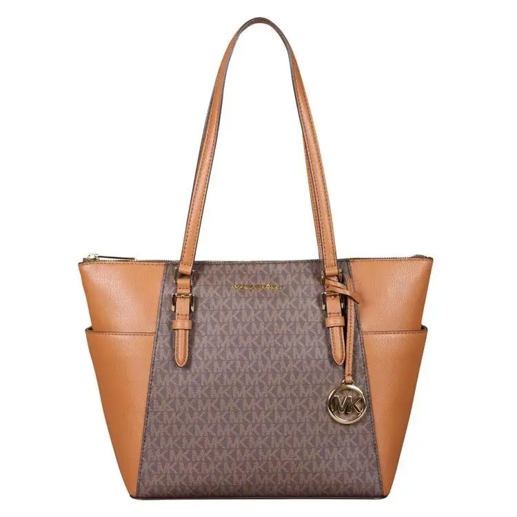Michael Kors Charlotte Large Logo Leather Top Zip Tote Bag Brown Shoulder Bags - Handle/Strap: Brown, Hardware: Gold, Exterior: Brown