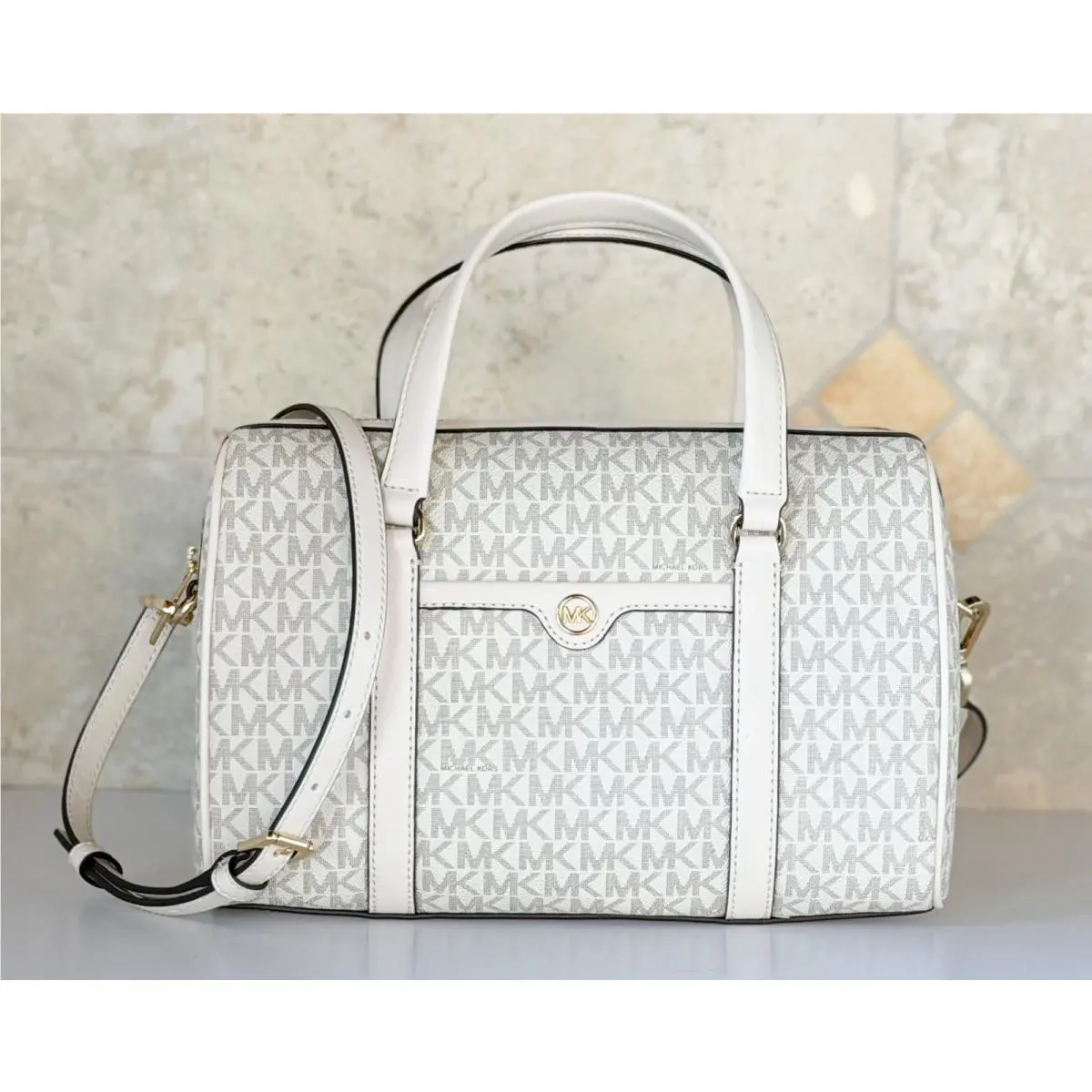 Michael Kors Travel Medium Satchel Shoulder Crossbody Duffle Bag MK Light Cream