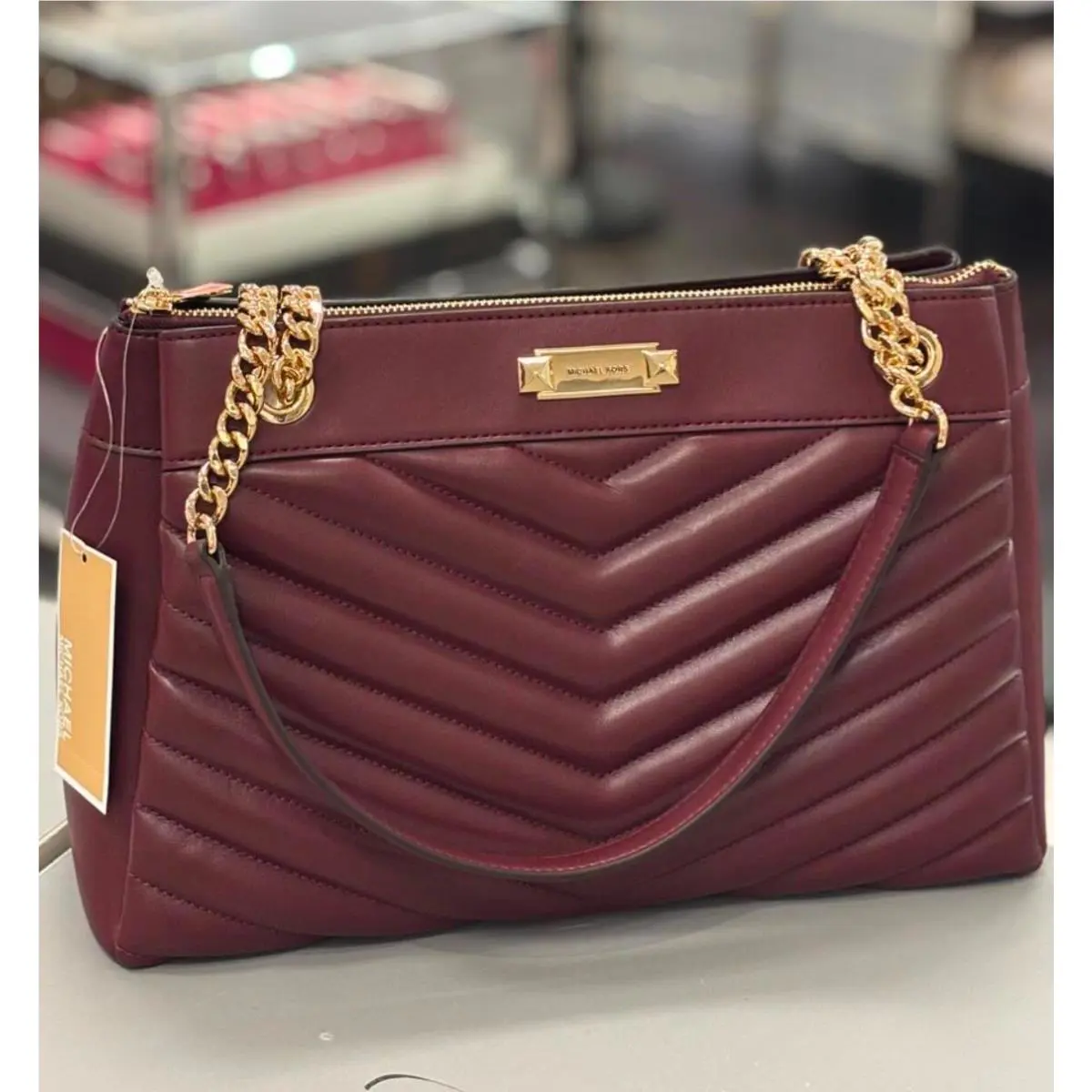 Michael Kors Whitney Quilted MD Chain Shoulder Tote In Oxblood