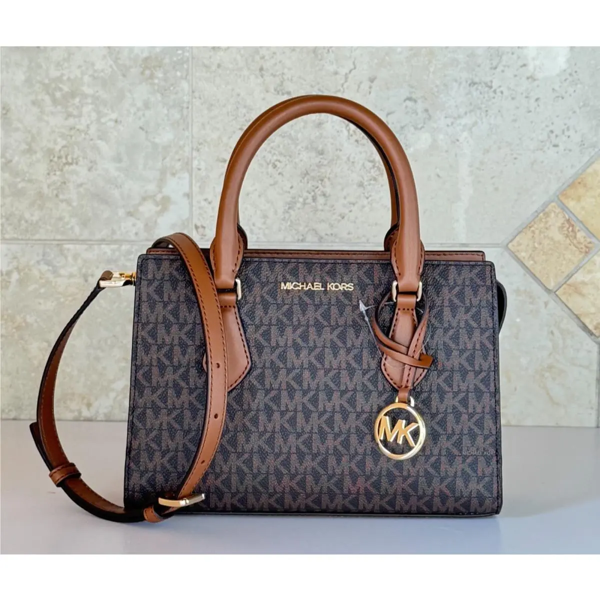 Michael Kors Sheila Small Center Zip Satchel Shoulder Crossbody Bag MK Brown
