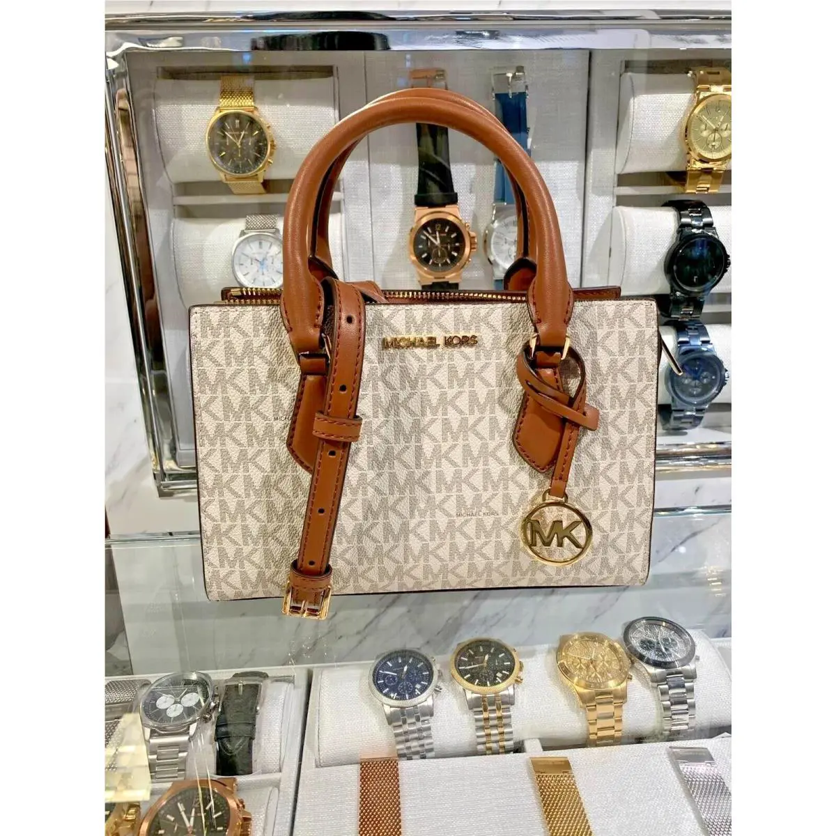 Michael Kors Sheila Small Center Zip Satchel Shoulder Crossbody Bag MK Vanilla