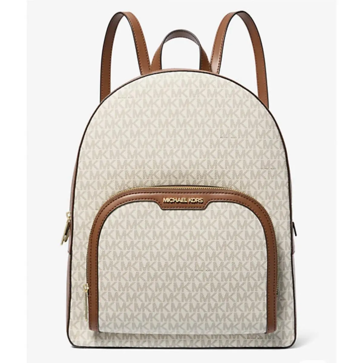 Michael Kors Jaycee Large Zip Pocket Backpack Bag Tote MK Vanilla Logo Gold