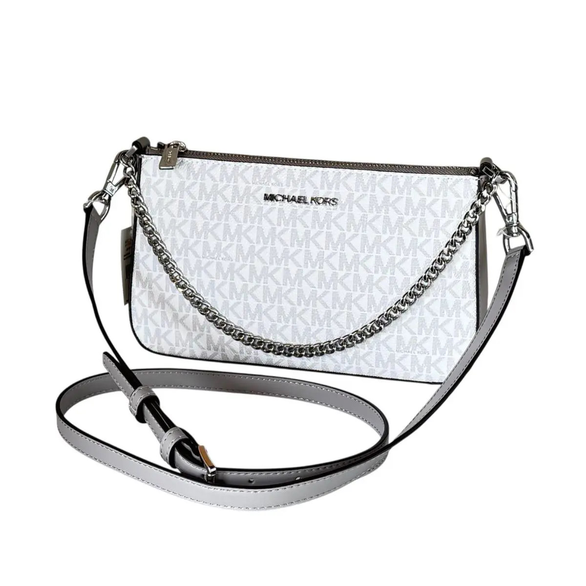 Michael Kors Jet Set MD Pouchette Shoulder Chain Crossbody Bag White/grey