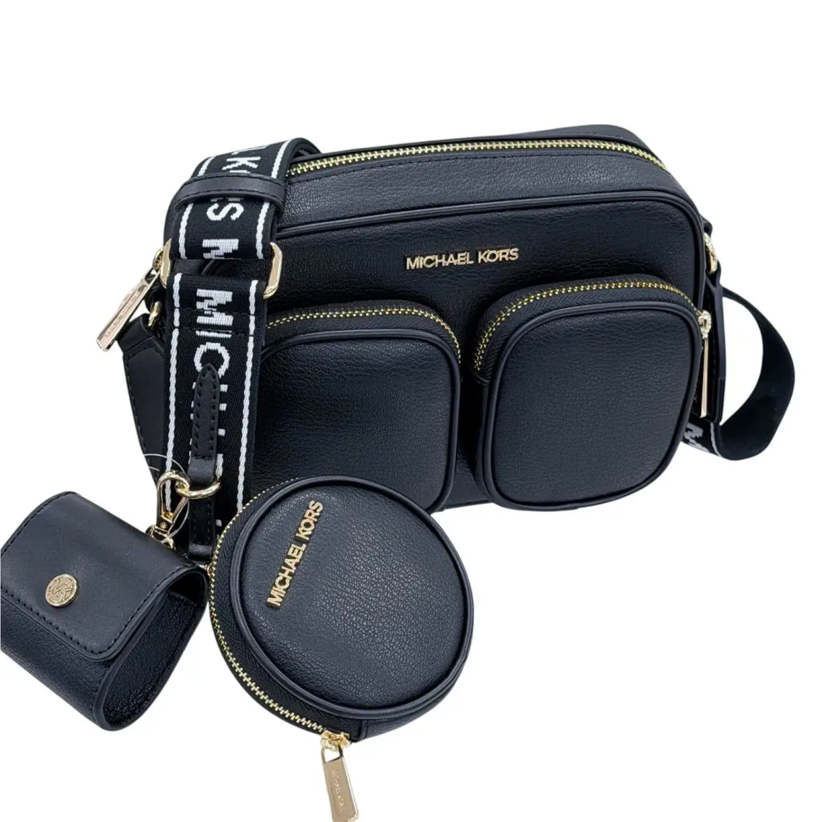 Michael Kors Jet Set Item MD Pocket Crossbody Tech Attached Leather Bag Black